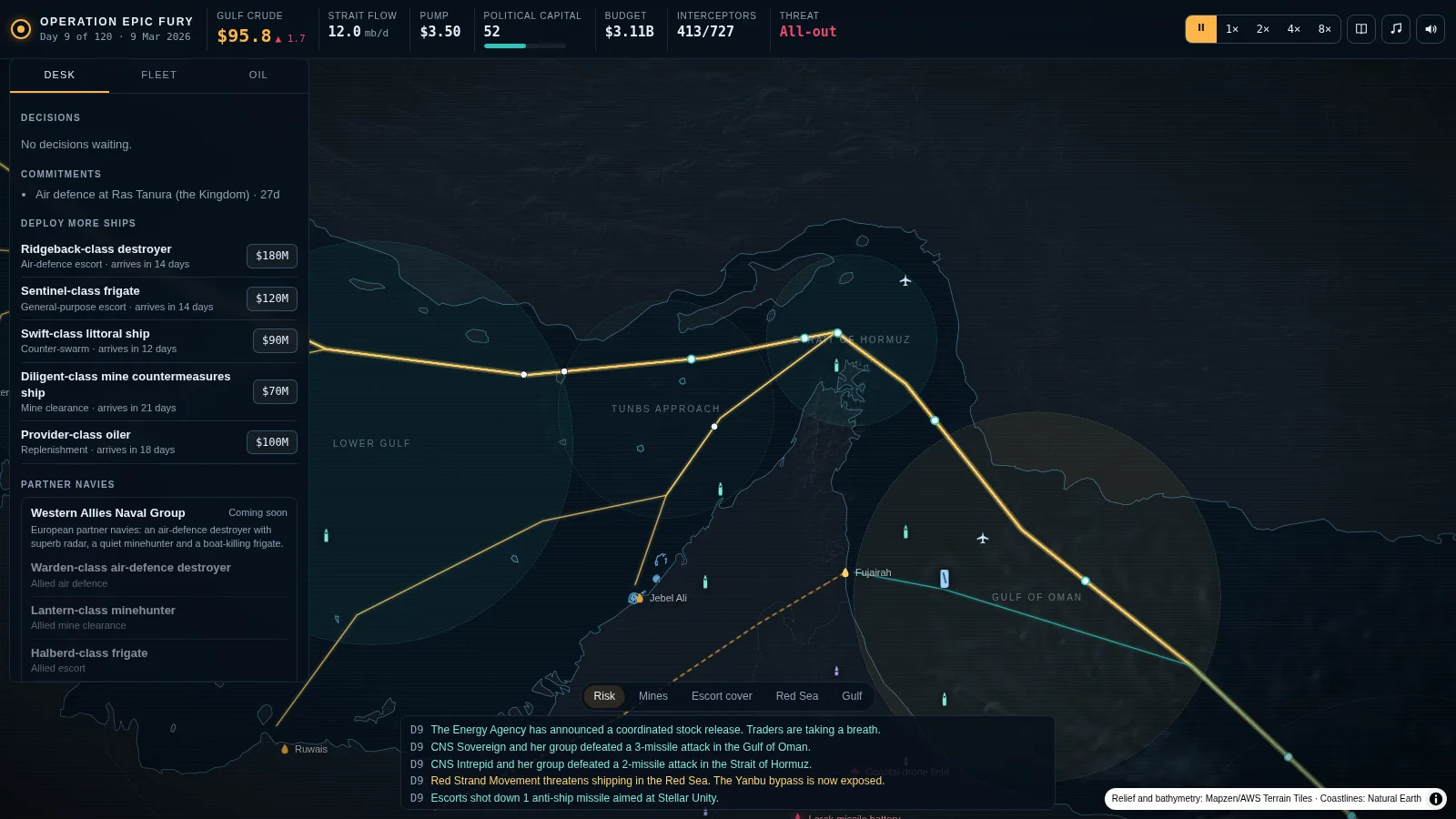 Escorts and tankers in the Strait of Hormuz, with the risk overlay on the shipping lanes
